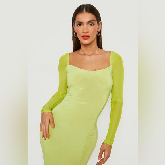 Boohoo Silky Mesh Sleeve Midaxi Women’s Dress Lime Size 10 - Picture 6 of 13